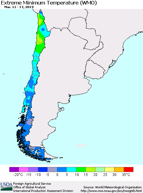 Chile Minimum Daily Temperature (WMO) Thematic Map For 3/11/2019 - 3/17/2019