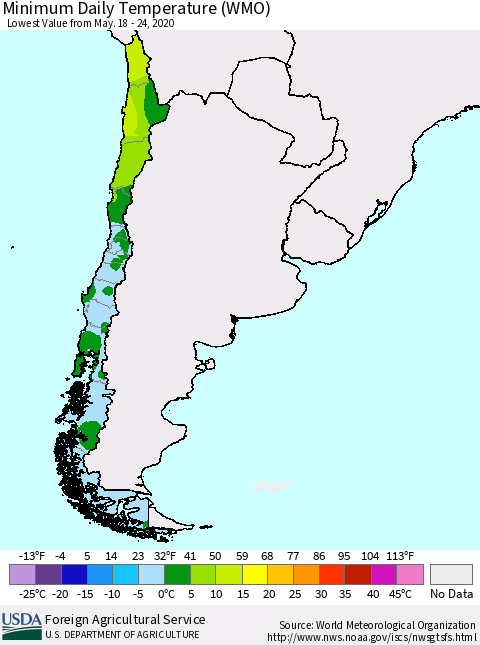 Chile Extreme Minimum Temperature (WMO) Thematic Map For 5/18/2020 - 5/24/2020