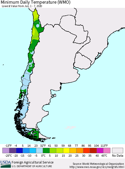 Chile Extreme Minimum Temperature (WMO) Thematic Map For 6/1/2020 - 6/7/2020