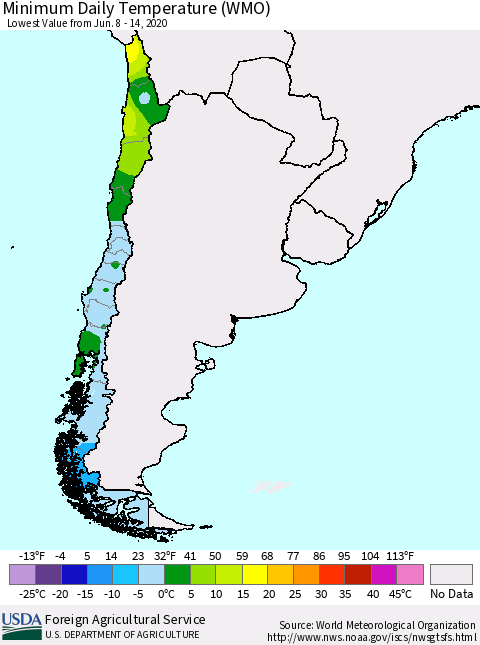 Chile Extreme Minimum Temperature (WMO) Thematic Map For 6/8/2020 - 6/14/2020