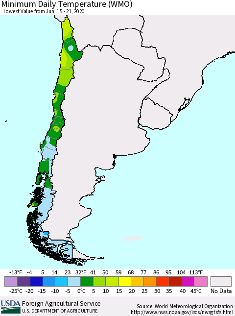 Chile Extreme Minimum Temperature (WMO) Thematic Map For 6/15/2020 - 6/21/2020
