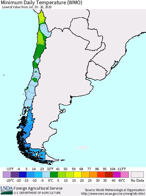 Chile Extreme Minimum Temperature (WMO) Thematic Map For 7/20/2020 - 7/26/2020