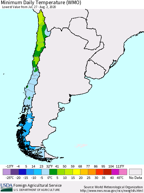 Chile Extreme Minimum Temperature (WMO) Thematic Map For 7/27/2020 - 8/2/2020
