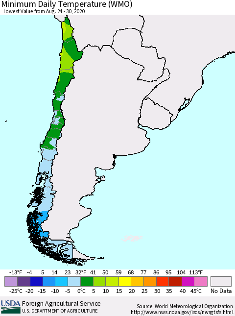 Chile Extreme Minimum Temperature (WMO) Thematic Map For 8/24/2020 - 8/30/2020