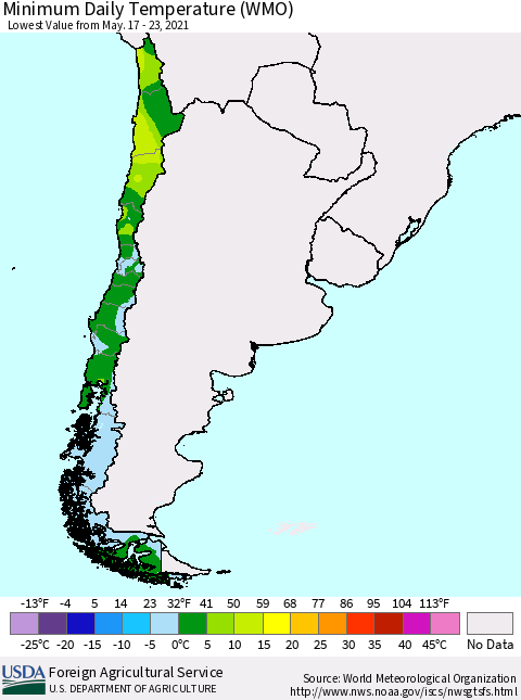 Chile Extreme Minimum Temperature (WMO) Thematic Map For 5/17/2021 - 5/23/2021
