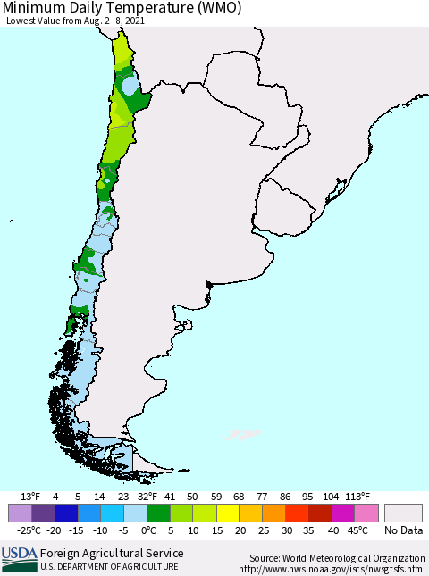 Chile Extreme Minimum Temperature (WMO) Thematic Map For 8/2/2021 - 8/8/2021