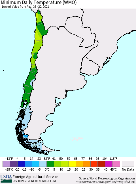 Chile Extreme Minimum Temperature (WMO) Thematic Map For 8/16/2021 - 8/22/2021