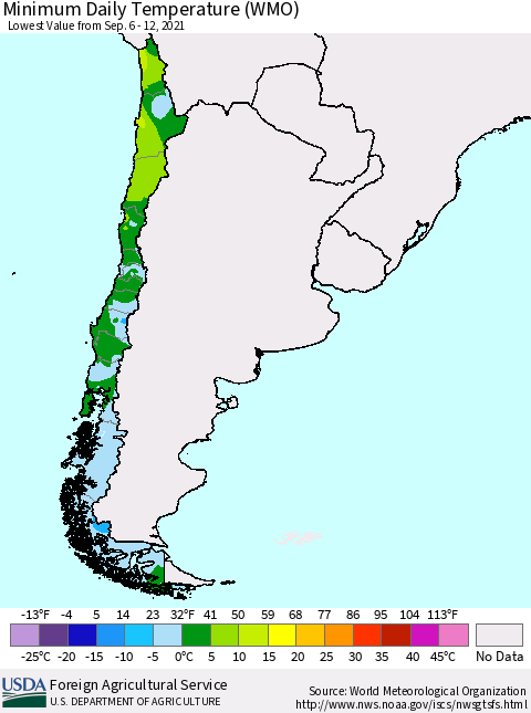 Chile Extreme Minimum Temperature (WMO) Thematic Map For 9/6/2021 - 9/12/2021