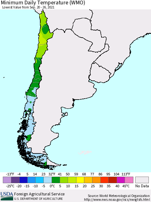 Chile Extreme Minimum Temperature (WMO) Thematic Map For 9/20/2021 - 9/26/2021