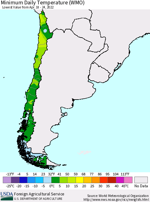 Chile Extreme Minimum Temperature (WMO) Thematic Map For 4/18/2022 - 4/24/2022