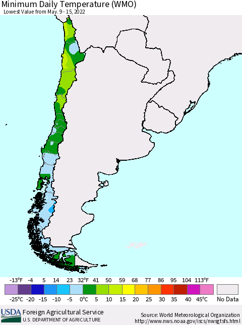 Chile Minimum Daily Temperature (WMO) Thematic Map For 5/9/2022 - 5/15/2022