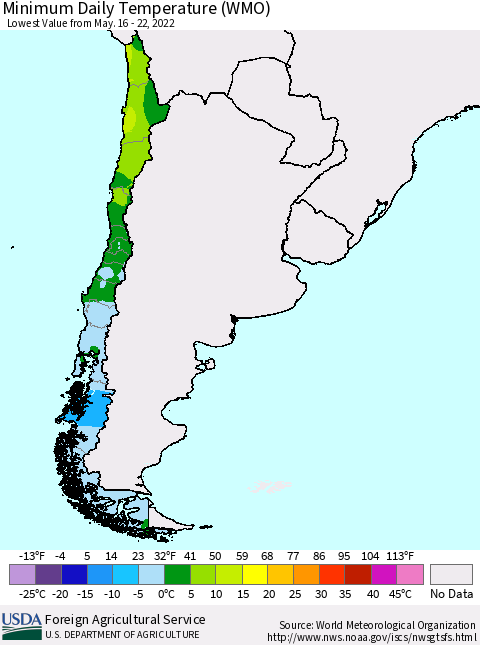Chile Extreme Minimum Temperature (WMO) Thematic Map For 5/16/2022 - 5/22/2022