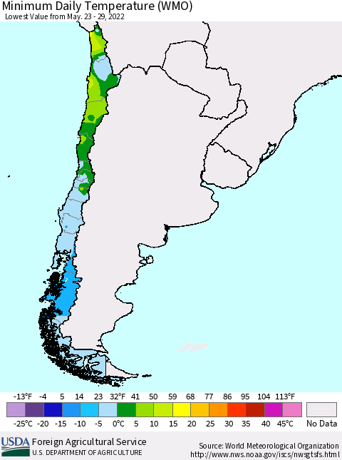 Chile Minimum Daily Temperature (WMO) Thematic Map For 5/23/2022 - 5/29/2022