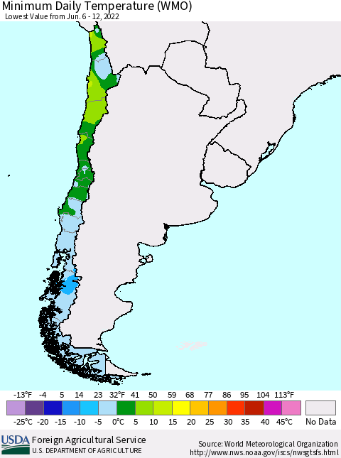 Chile Extreme Minimum Temperature (WMO) Thematic Map For 6/6/2022 - 6/12/2022