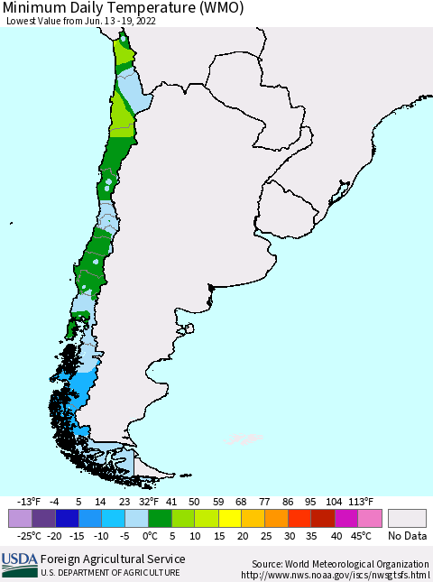 Chile Minimum Daily Temperature (WMO) Thematic Map For 6/13/2022 - 6/19/2022