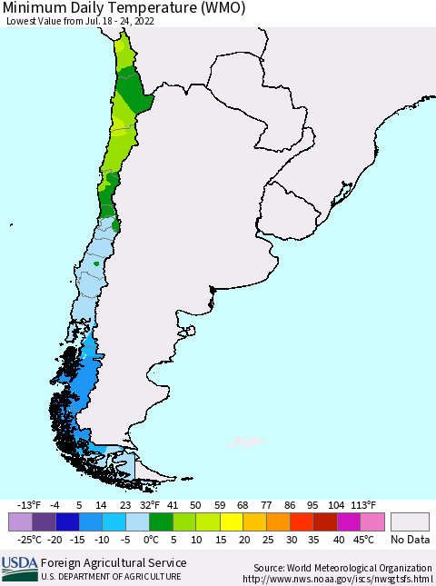 Chile Extreme Minimum Temperature (WMO) Thematic Map For 7/18/2022 - 7/24/2022