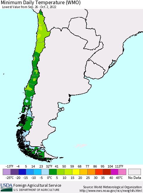 Chile Minimum Daily Temperature (WMO) Thematic Map For 9/26/2022 - 10/2/2022