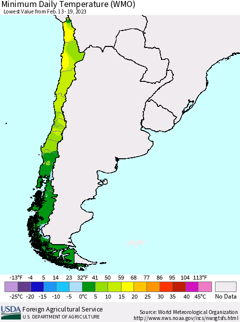 Chile Minimum Daily Temperature (WMO) Thematic Map For 2/13/2023 - 2/19/2023