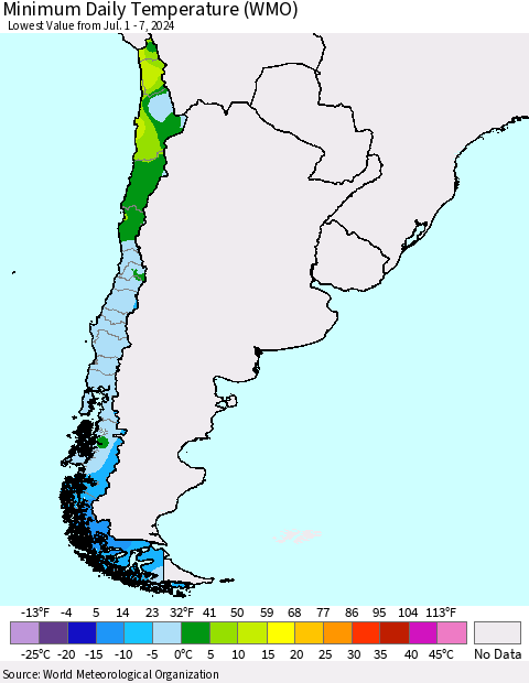 Chile Minimum Daily Temperature (WMO) Thematic Map For 7/1/2024 - 7/7/2024