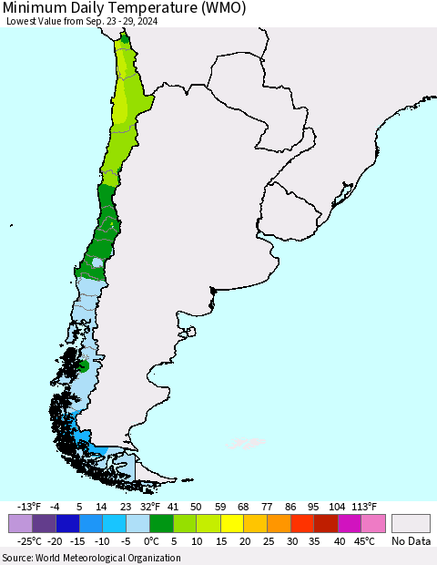 Chile Minimum Daily Temperature (WMO) Thematic Map For 9/23/2024 - 9/29/2024