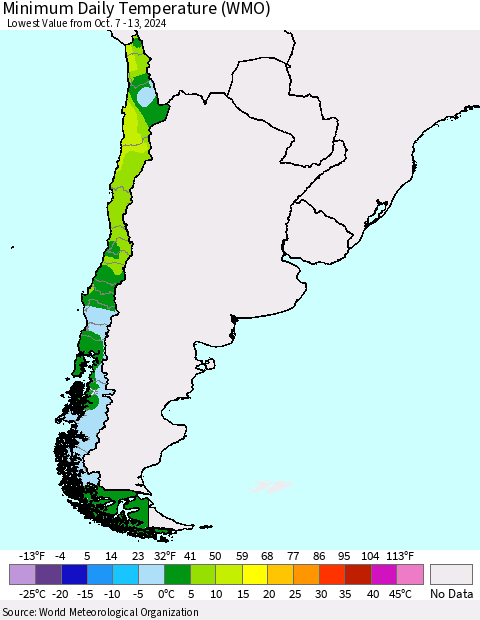 Chile Minimum Daily Temperature (WMO) Thematic Map For 10/7/2024 - 10/13/2024