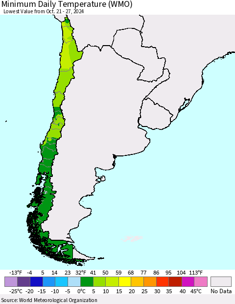 Chile Minimum Daily Temperature (WMO) Thematic Map For 10/21/2024 - 10/27/2024