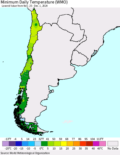 Chile Minimum Daily Temperature (WMO) Thematic Map For 11/25/2024 - 12/1/2024