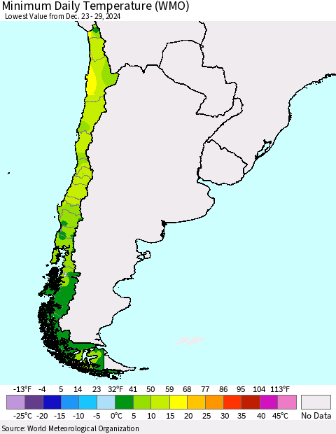 Chile Minimum Daily Temperature (WMO) Thematic Map For 12/23/2024 - 12/29/2024