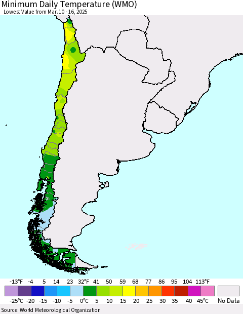 Chile Minimum Daily Temperature (WMO) Thematic Map For 3/10/2025 - 3/16/2025