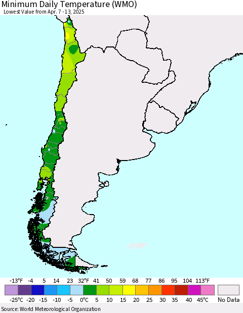 Chile Minimum Daily Temperature (WMO) Thematic Map For 4/7/2025 - 4/13/2025