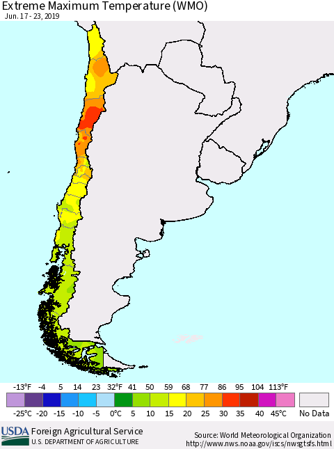 Chile Extreme Maximum Temperature (WMO) Thematic Map For 6/17/2019 - 6/23/2019