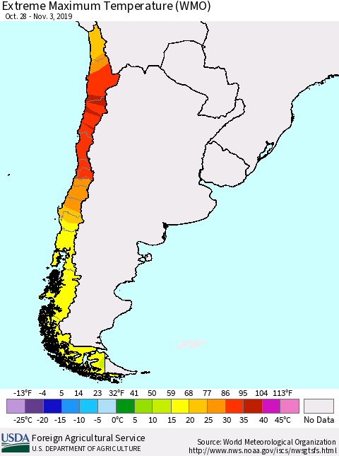 Chile Extreme Maximum Temperature (WMO) Thematic Map For 10/28/2019 - 11/3/2019