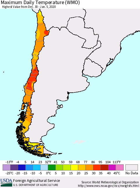 Chile Extreme Maximum Temperature (WMO) Thematic Map For 12/30/2019 - 1/5/2020