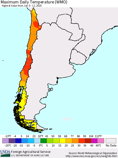 Chile Extreme Maximum Temperature (WMO) Thematic Map For 1/6/2020 - 1/12/2020