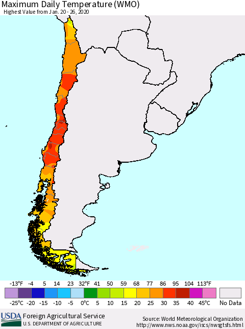 Chile Extreme Maximum Temperature (WMO) Thematic Map For 1/20/2020 - 1/26/2020