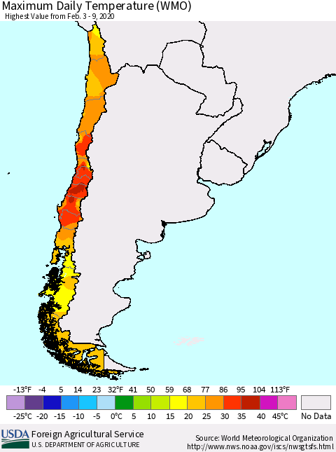 Chile Extreme Maximum Temperature (WMO) Thematic Map For 2/3/2020 - 2/9/2020