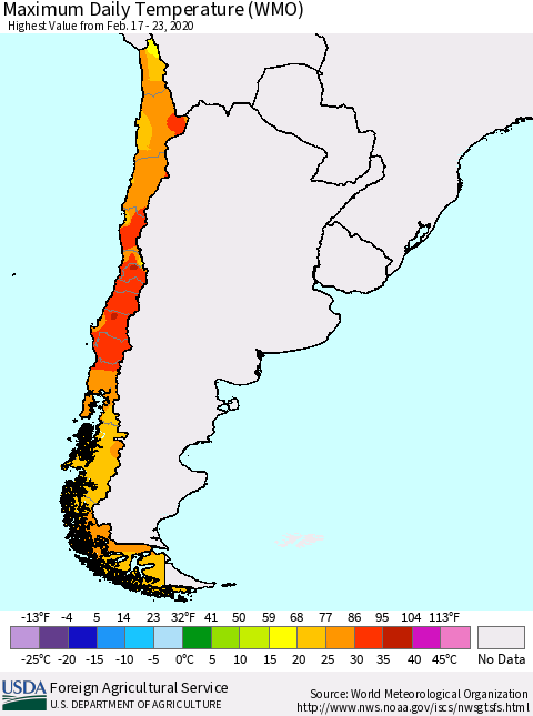 Chile Extreme Maximum Temperature (WMO) Thematic Map For 2/17/2020 - 2/23/2020