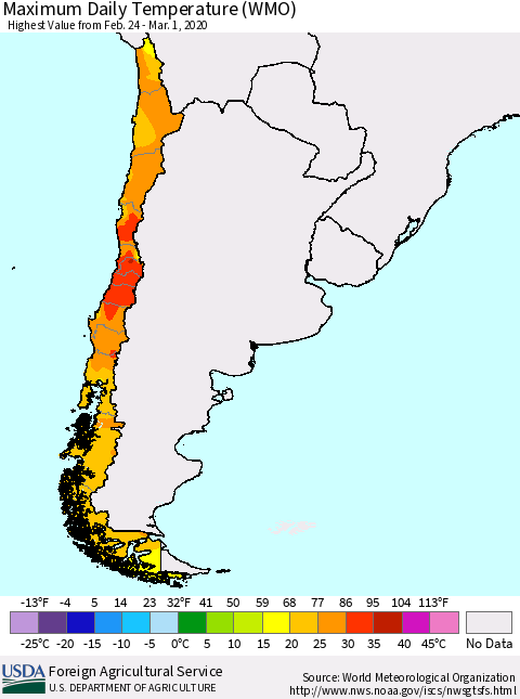 Chile Extreme Maximum Temperature (WMO) Thematic Map For 2/24/2020 - 3/1/2020