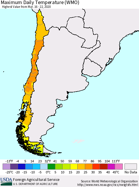 Chile Extreme Maximum Temperature (WMO) Thematic Map For 3/16/2020 - 3/22/2020