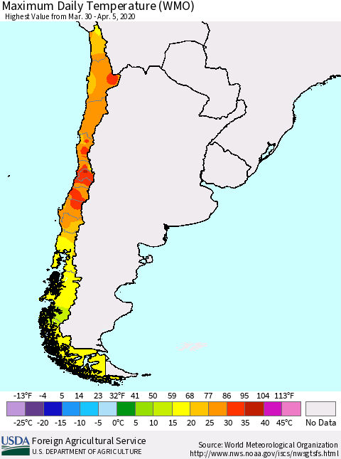 Chile Maximum Daily Temperature (WMO) Thematic Map For 3/30/2020 - 4/5/2020