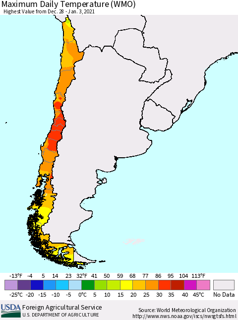 Chile Extreme Maximum Temperature (WMO) Thematic Map For 12/28/2020 - 1/3/2021