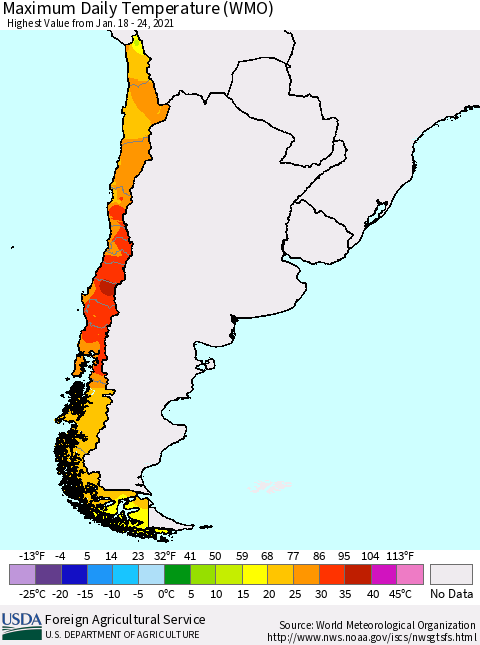 Chile Maximum Daily Temperature (WMO) Thematic Map For 1/18/2021 - 1/24/2021