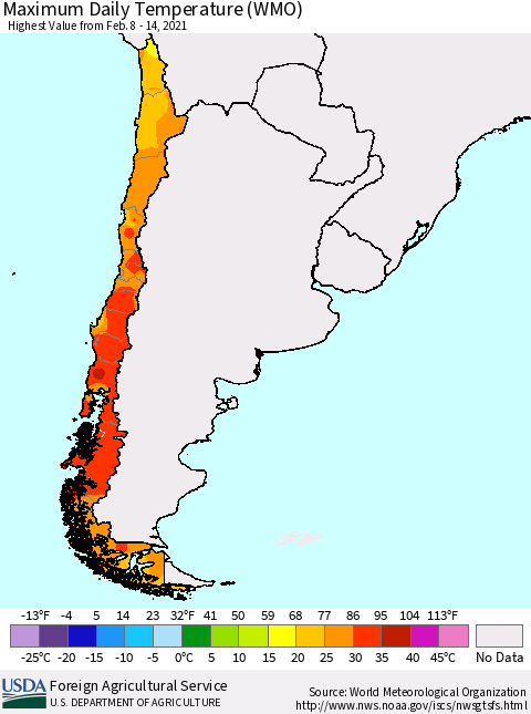 Chile Extreme Maximum Temperature (WMO) Thematic Map For 2/8/2021 - 2/14/2021