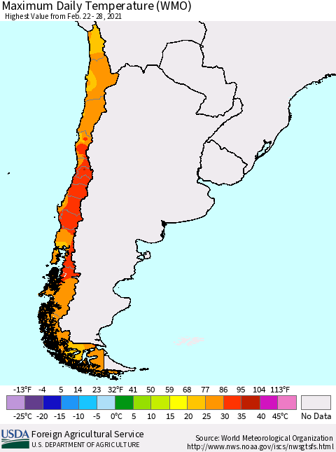 Chile Extreme Maximum Temperature (WMO) Thematic Map For 2/22/2021 - 2/28/2021