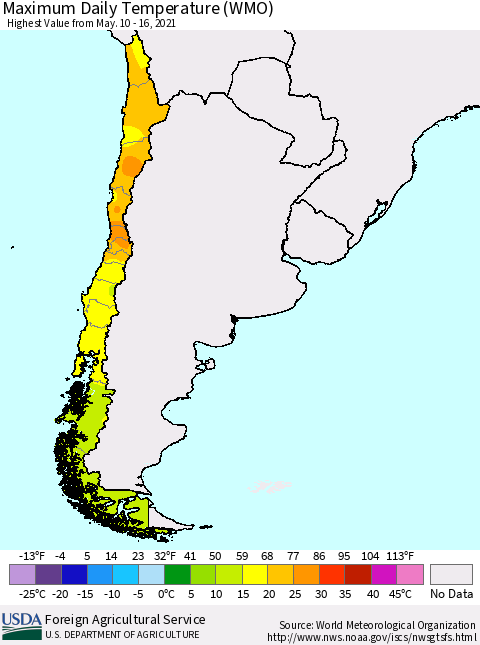 Chile Extreme Maximum Temperature (WMO) Thematic Map For 5/10/2021 - 5/16/2021