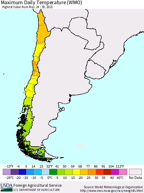 Chile Extreme Maximum Temperature (WMO) Thematic Map For 5/24/2021 - 5/30/2021