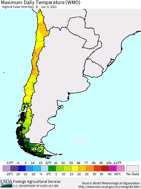 Chile Extreme Maximum Temperature (WMO) Thematic Map For 5/31/2021 - 6/6/2021