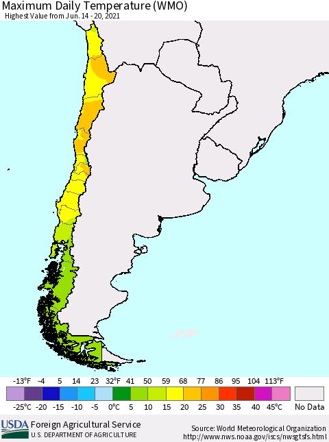 Chile Extreme Maximum Temperature (WMO) Thematic Map For 6/14/2021 - 6/20/2021