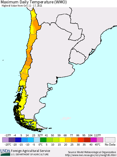 Chile Extreme Maximum Temperature (WMO) Thematic Map For 10/11/2021 - 10/17/2021