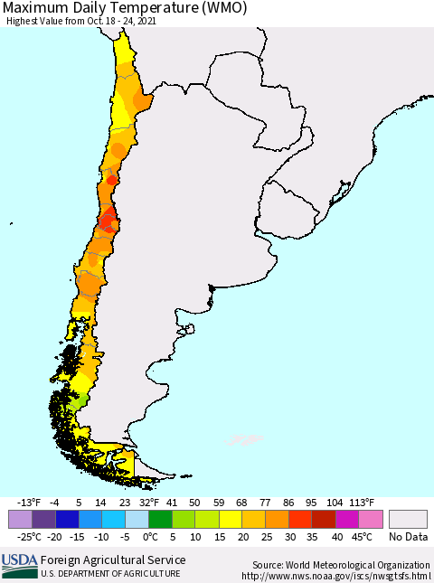 Chile Maximum Daily Temperature (WMO) Thematic Map For 10/18/2021 - 10/24/2021